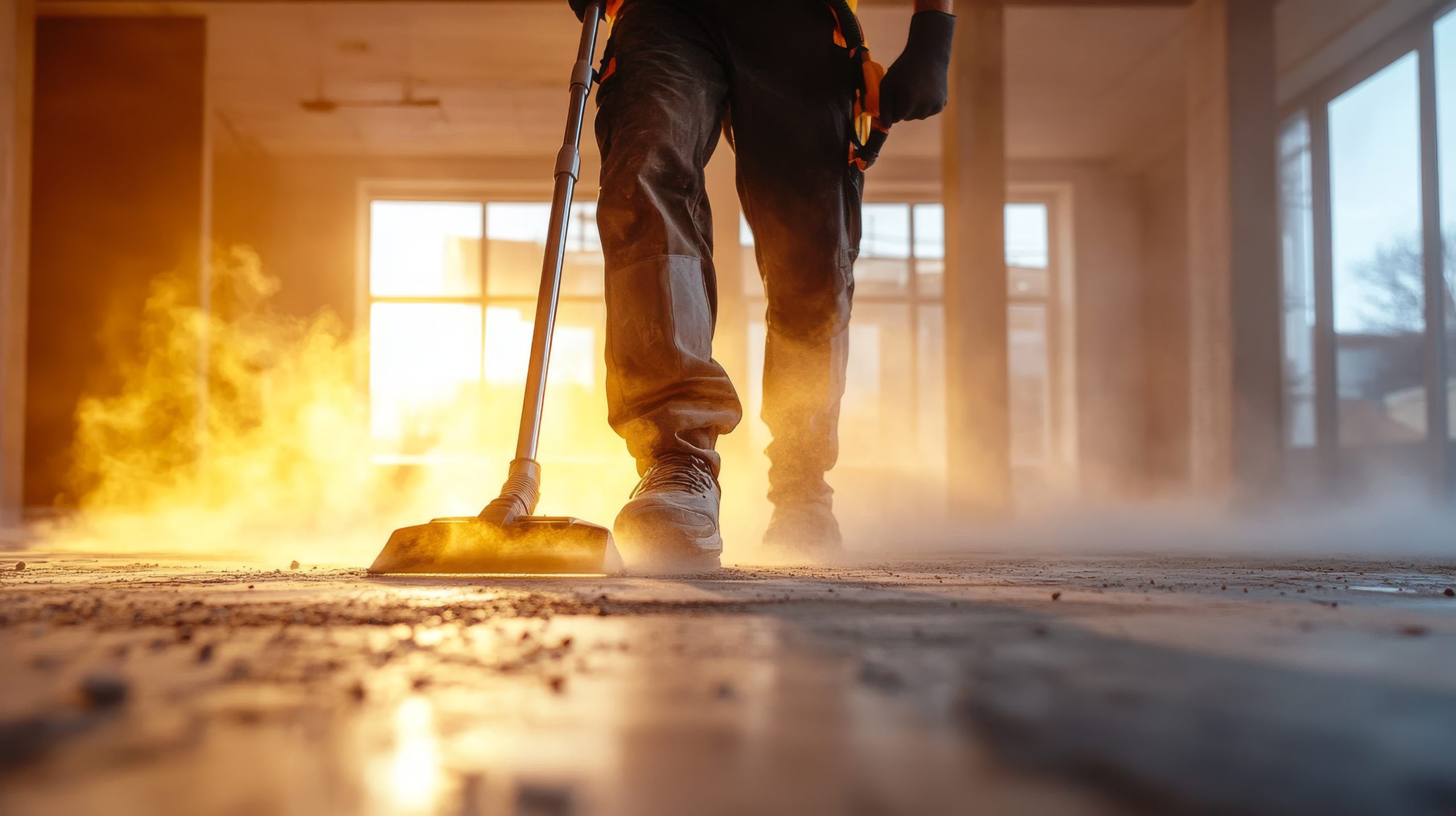 Worker cleaning construction site floor with a vacuum during sunset