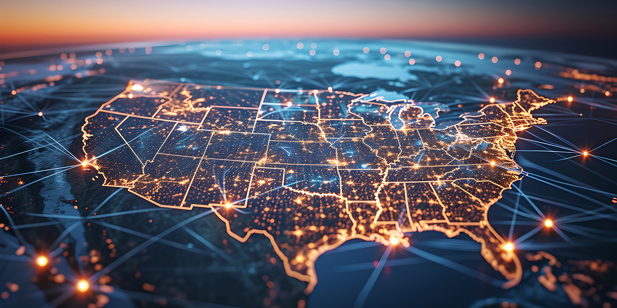 an image of the united states map with lines and connections, ni